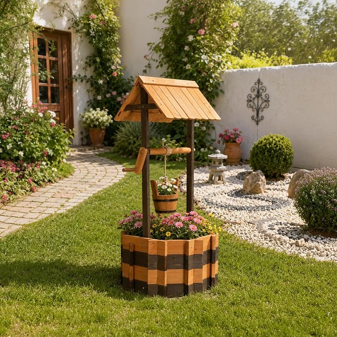 VINGLI Wooden Wishing Well Outdoor Planters, Well Covers for Yard with 4 Reinforced Rods, Height Adjustable Hanging Bucket, Rustic Flower Pot Decor for Outside Patio Garden (Two-Tone, 25" Width)