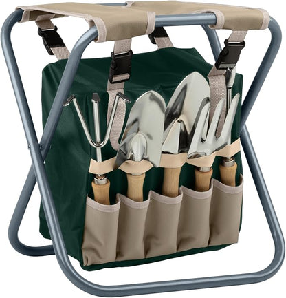 Pure Garden Folding Garden Stool with Tool Bag Plus 5 Garden Tools,Tan, Green and Silver