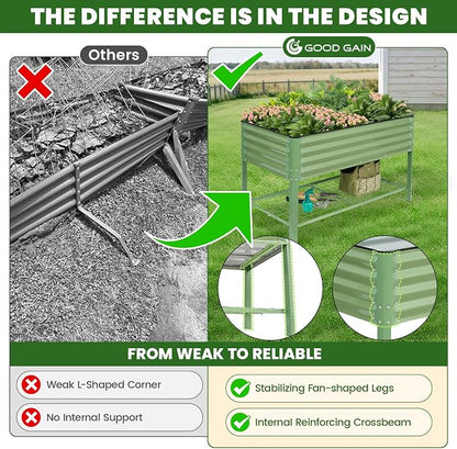 Elevated Raised Garden Bed 2' x 4'- Galvanized Metal Planter Boxes with Legs & Storage Rack, Outdoor Planters for Backyard/Patio/Balcony, with Drainage Holes for Vegetables, Flowers, Herbs, Green