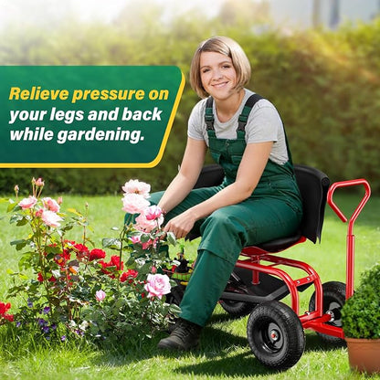 Baotree Garden Seat with Wheels, Rolling Garden Stool with Adjustable 360°Swivel Seat, Storage Basket & Extendable Handle, Outdoor Gardening Scooter, Garden Cart Workseat Stools for Seniors