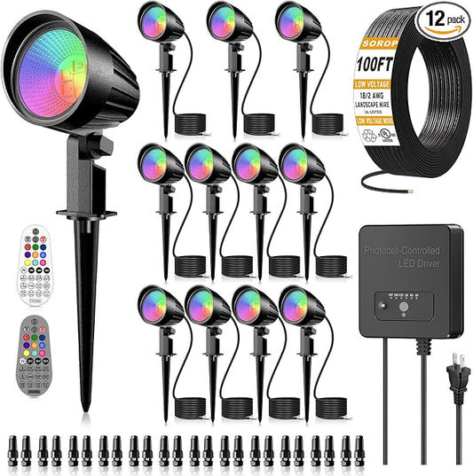 15W Low Voltage Landscape Lights Kit, RGBW Color Changing Spot Lights Outdoor with Transformer 100FT UL-Listed Wire, Low Voltage Lights IP66 Waterproof Remote Control for Garden House, 12Pack
