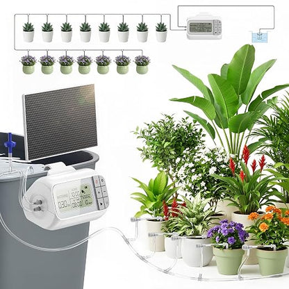 Automatic Drip Irrigation Kit, Solar & USB Rechargeable Auto Plant Watering System with Programmable Timer, Anti-Siphon Valve, DIY Irrigation System for up to 15 Outdoor/Indoor Potted Plants | Automatic Drip Irrigation Kit, Auto Easy DIY Watering Devic...