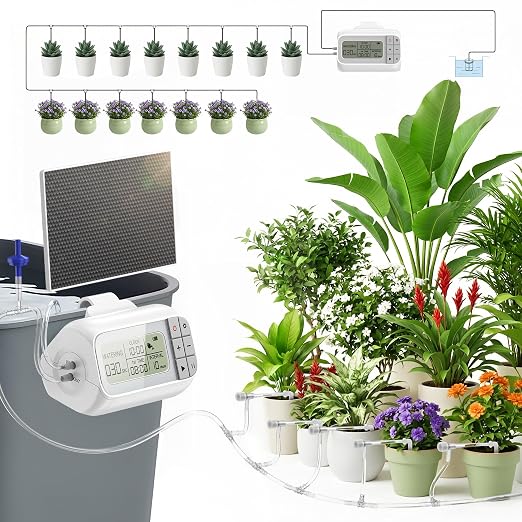 Automatic Drip Irrigation Kit, Solar & USB Rechargeable Auto Plant Watering System with Programmable Timer, Anti-Siphon Valve, DIY Irrigation System for up to 15 Outdoor/Indoor Potted Plants | Automatic Drip Irrigation Kit, Auto Easy DIY Watering Devic...