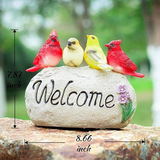 Solar Garden Statues Outdoor Decor, Welcome Sign Garden Sculptures Statue Novelty Birds Figurine Decoration for Patio Yard Porch Art Home Decor or Gifts for Mom Grandma