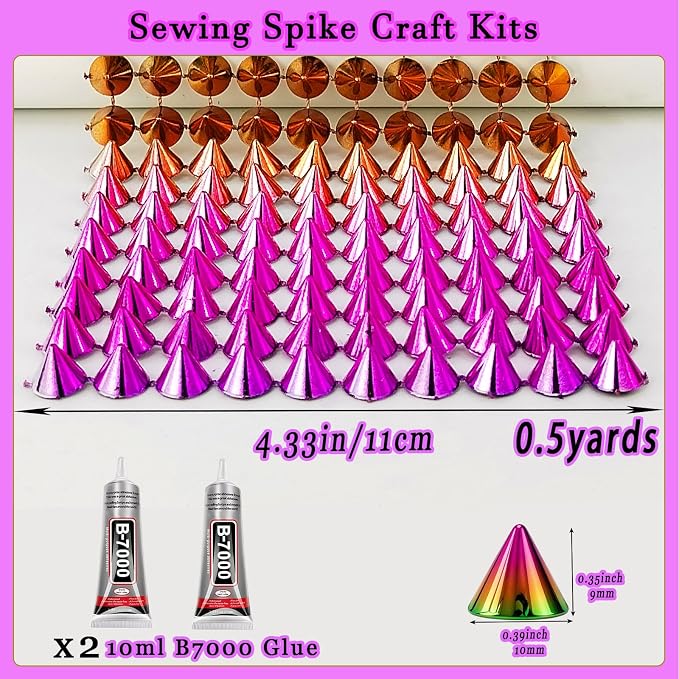 Spike for Crafts Stude for Clothing, 0.5 Yard Rainbow Spike Stud with Glue, Cone Flatback Plastic Trim Mesh for Holloween Party Decoration Costume DIY Crafts