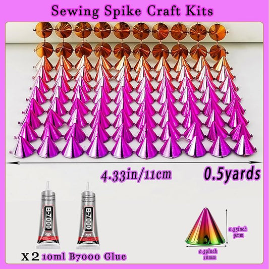 Spike for Crafts Stude for Clothing, 0.5 Yard Rainbow Spike Stud with Glue, Cone Flatback Plastic Trim Mesh for Holloween Party Decoration Costume DIY Crafts
