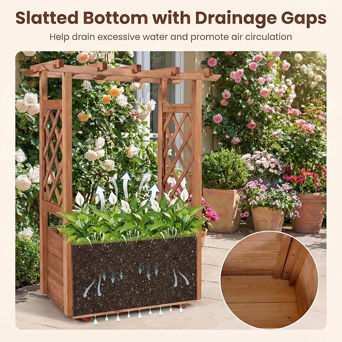 HAPPYGRILL Raised Garden Bed with Trellis, 31” x 16” x 41” Wood Elevated Planter Box with Roof, Freestanding Garden Planter for Climbing Plants Vines Flowers Herbs (1)