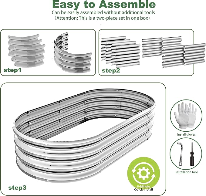 4x2x1ft-2pcs-Oval Raised Garden Bed Kit, Galvanized Planter Garden Boxes Outdoor, Metal Raised Garden Beds for Vegetables,Fruits, Flower,Silver