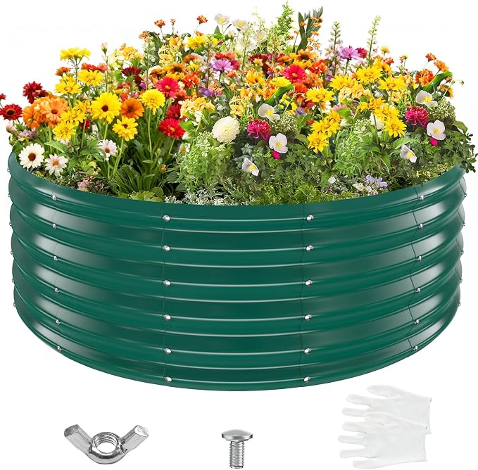 YSEJOMP 17" Tall 48" Diameter Round Raised Garden Bed Kits Outdoor Green | Heavy Duty,Rustproof,Durable & Stylish,1.5 FT Tall,4FT Planter Bed,0.8MM Thick Galvanized Metal Painted,with Gloves,Tool free