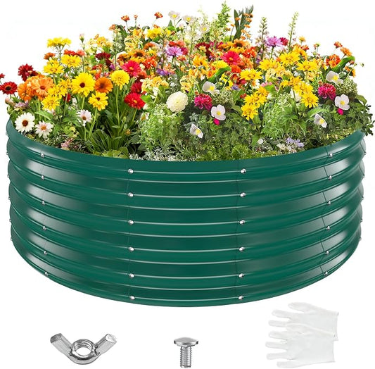 YSEJOMP 17" Tall 48" Diameter Round Raised Garden Bed Kits Outdoor Green | Heavy Duty,Rustproof,Durable & Stylish,1.5 FT Tall,4FT Planter Bed,0.8MM Thick Galvanized Metal Painted,with Gloves,Tool free