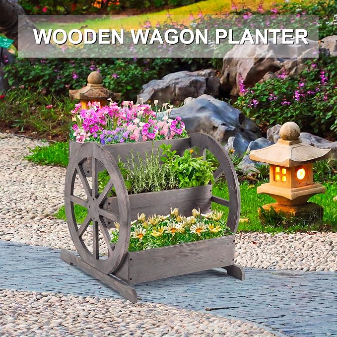 Beeveer Wooden Wagon Planter Box Garden Planter for Outside with Drainage Holes Decorative for Patio Garden Balcony Vegetables Flowers Herbs(Washed Antique Gray)