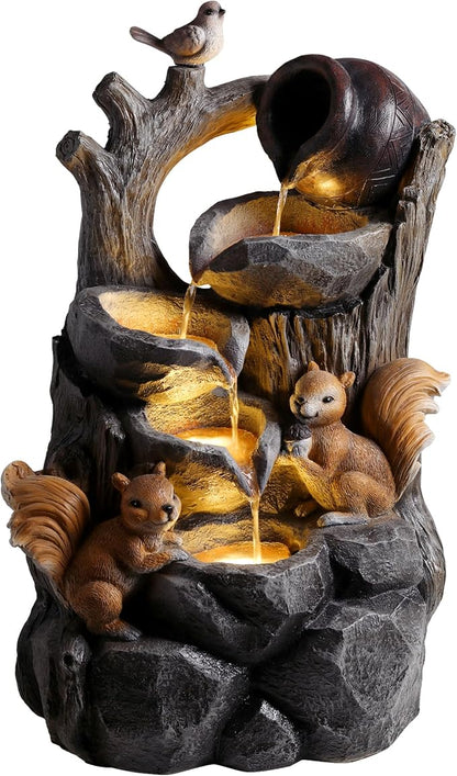 30.1" Outdoor Water Fountain with LED Lights, 4-Tier Waterfall Garden Decor with Squirrel Design, Resin Waterfall Fountain with Pump, Garden Water Feature for Patio Porch Yard, Gray