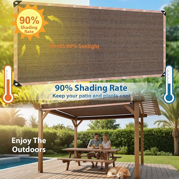 90% Shade Cloth Sun Shade Fabric Privacy Screen Shade Cover for Patio Garden Pergola Shade Cover Canopy with Gromments, 6 x 8 FT, Mocha