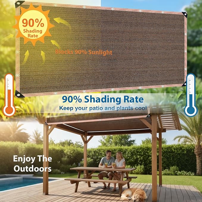 90% Sun Shade Cloth, 10 x 20 FT Pergola Shade Cover Canopy with Grommets, Sun Screen Fabric Tarp for Patio, Outdoor, Garden, Backyard, Mocha