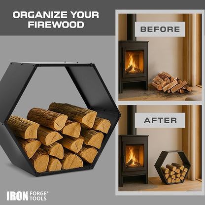Iron Forge Tools Firewood Rack Outdoor Indoor Fire Wood Rack - 30 in. Hexagon Fire Log Holder, Powder Coated Steel Heavy Duty Firewood Holder Wood Storage Rack with Cover