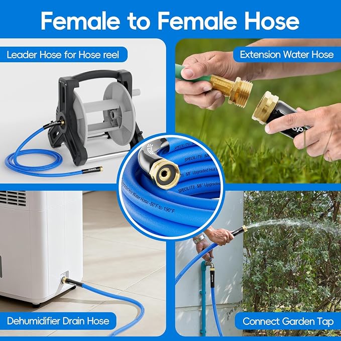 SPECILITE Female to Female Hot/Cold Garden Water Hose 3 ft x 5/8 Inch for Hose Reel, -50℉ To 190℉, Heavy Duty, Flexible, Burst 605 Psi, Rubber Extension Pipe with 3/4" Brass Fittings