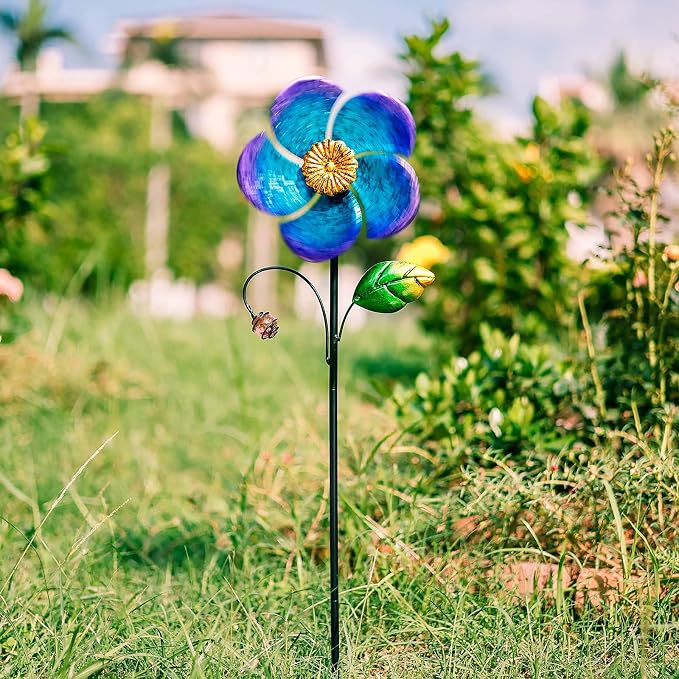 Viveta Wind Spinner with Metal Stake, Garden Pinwheels | Blue Flower Shape Design Wind Spinners for Yard Lawn Patio Decor, 28.7 inches