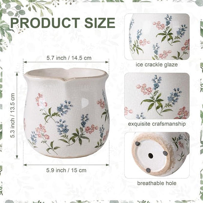 DREAMLOOM Vintage Ceramic Planter for Indoor Plants,6.1" Ice Crack Cottage Scroll Vase Tuscan Decor Flower Pots with Drainage Holes Home Kitchen Farmhouse Antique Decorative Gift (Red-Corrugated)