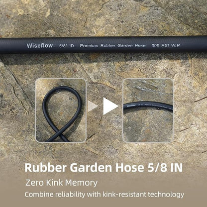 Wiseflow Garden Hose 150FT x 5/8", Heavy Duty Rubber Hose, Water Hose with Five Layered Braiding, Male Female Fittings, 1000PSI Burst, 300PSI Working for Yard, Car Wash, Pets (Black)