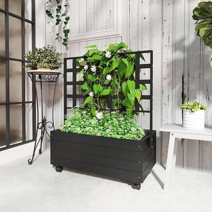 Outsunny Raised Garden Bed with Trellis and Wheels, Outdoor Wooden Elevated Planter Box, Freestanding Raised Flower Bed for Climbing Plants, Flowers, Herbs and Vegetables