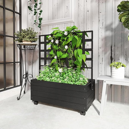 Outsunny Raised Garden Bed with Trellis and Wheels, Outdoor Wooden Elevated Planter Box, Freestanding Raised Flower Bed for Climbing Plants, Flowers, Herbs and Vegetables
