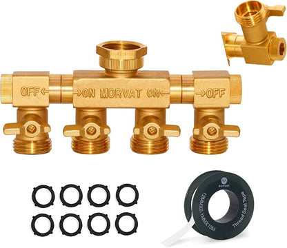 Morvat 4 Way Splitter with Rotating Arms, Heavy Duty Brass Garden Hose Manifold Connector with Comfort Rubber Grip ON/OFF, Adapter for Water Faucet Tap & Spigot, 8 Extra Washers & Teflon Tape