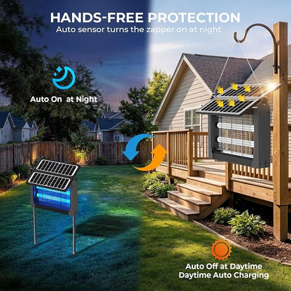 Upgraded Solar Bug Zapper Outdoor with Dual Panels, 4500V Cordless Rechargeable Fly Insect Killer Waterproof Electric Mosquitoes Zapper for Patio Garden Backyard RV Camping Pond