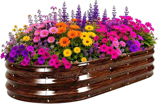 6×3×1 FT Galvanized Raised Garden Bed,Outdoor Planter Box Metal Patio Kit Planting Bed for Vegetables Flowers Herb,Wood Grain Brown, Oval Open-Bottom Design, 12-Inch Deep