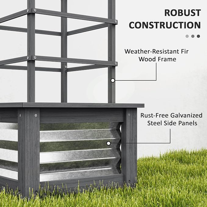 Outsunny Raised Garden Bed with Trellis, Wooden Planter Box with Galvanized Steel Sides, Raised Flower Bed for Climbing Plants, Flowers, Fruits and Vegetables, Gray