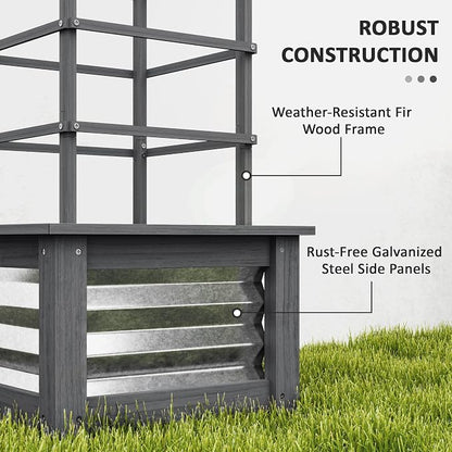 Outsunny Raised Garden Bed with Trellis, Wooden Planter Box with Galvanized Steel Sides, Raised Flower Bed for Climbing Plants, Flowers, Fruits and Vegetables, Gray