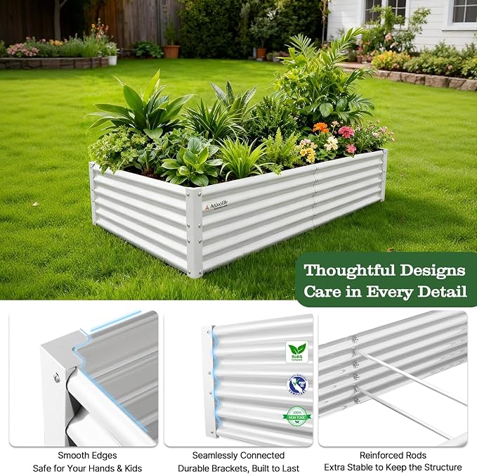 A ANLEOLIFE 6X3X1.5 ft Galvanized Raised Garden Beds Outdoor, Rectangular Metal Planter Box for Planting Vegetables Flowers Herb, Anti-Rust & Easy-Setup, Antique White