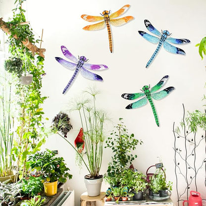 ULENDIS 4 Pack Large Metal Dragonfly Wall Decor, 11.7"x 13.9" 3D Colorful Outdoor Garden Fence Wall Art Decor, Wall Hanging Decorations for Yard Patio Living Room, Gift for Family Kids Friends