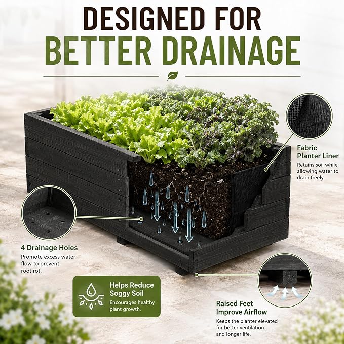 Fir Wood Raised Garden Bed Rectangular Planter for Outdoor Tomato Planter | For Herbs & Flowers Garden Includes Fabric Planter Liner, 4 Drainage Holes