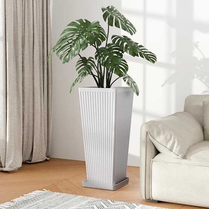 White Square Tall Planters for Outdoor Plants Set of 2-24" Modern Tapered Indoor Flower Pots with Drainage Holes/Partition/Tray, Large Outdoor Planters for Porch Patio Garden Front Porch