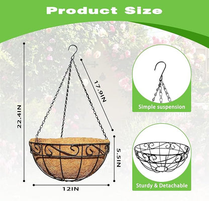 2 Pack 12 Inch Black Metal Hanging Basket Hanging Planter with Coco Coir Liner Heavy Duty Hanging Flower Pot Holder for Indoor Outdoor Patio Garden Porch Balcony Decor (Lace)