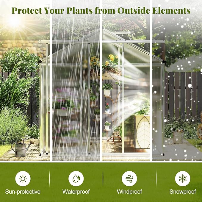 Happygrill Greenhouse, 6 x 6 x 6.5 FT Outdoor Polycarbonate Greenhouse w/ Sliding Door, Adjustable Roof Vent, Rain Gutter, Heavy-Duty Aluminum Greenhouses for Outdoors, Garden,Backyard, Patio, Lawn