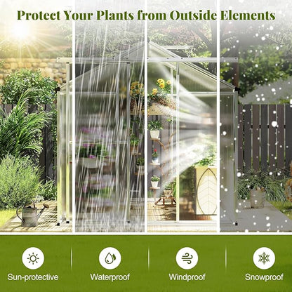 Happygrill Greenhouse, 6 x 6 x 6.5 FT Outdoor Polycarbonate Greenhouse w/ Sliding Door, Adjustable Roof Vent, Rain Gutter, Heavy-Duty Aluminum Greenhouses for Outdoors, Garden,Backyard, Patio, Lawn