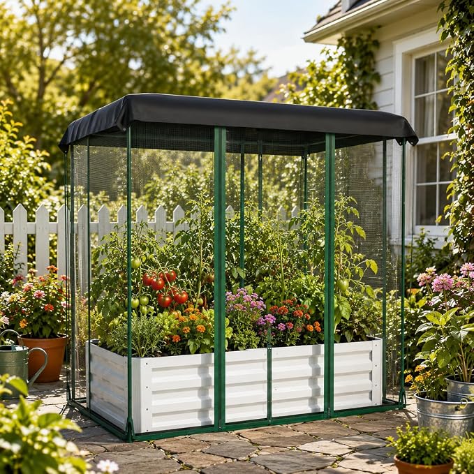 Garvee Galvanized Raised Garden Bed with Self Watering System & Mesh Cover | Large Metal Outdoor Planter Garden Boxes for Vegetables Herbs Flowers, with Top Sunshade Net, 6x3x1 FT