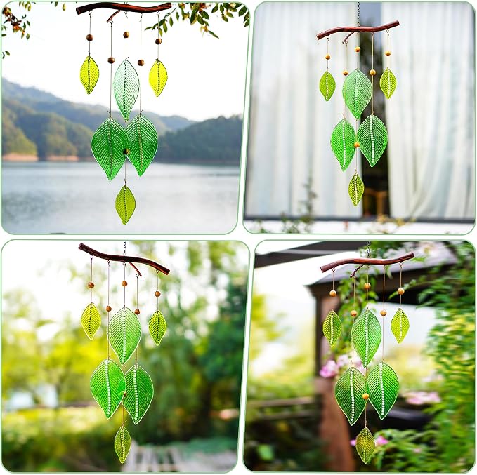YU FENG 20 Inch Green Stained Glass Wind Chimes with Leaves Outdoor Decor | Handmade Glass Wind Chime, Leaf Forest Ornament, Rainbow Light Effect, Garden Yard Window Hanging Decoration
