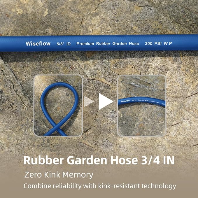 Wiseflow Garden Hose 50FT x 5/8", Heavy Duty Rubber Hose, Water Hose with Five Layered Braiding, Male Female Fittings, 1000PSI Burst, 300PSI Working for Yard, Car Wash, Pets (Blue)