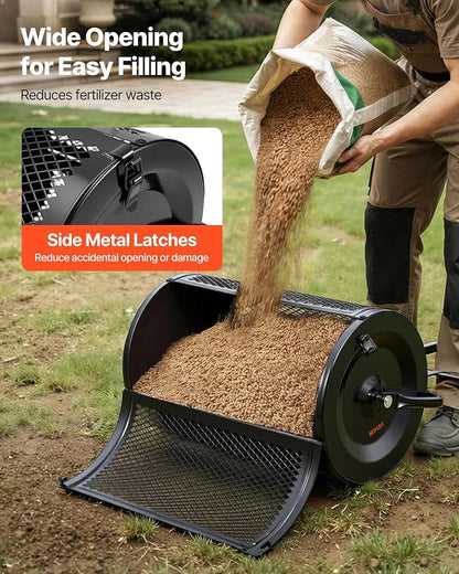 VEVOR Compost Spreader, 24" Wide Peat Moss Spreader with Push/Tow Handle & Brush, 4 Heights Adjustable, Powder-Coated Steel Garden Peat Moss Roller, Heavy Duty Grass Seed Roller for Planting Seeding