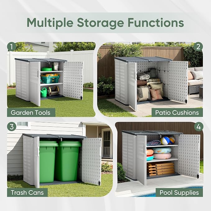 Devoko Resin Outdoor Storage Shed, 34 Cu Ft Outdoor Storage Cabinet with Shelf, Waterproof, Double Locks, Resin Storage for Trash Can, Garden Tools, Pool Supplies (Beige)