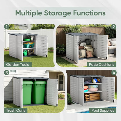 Devoko Resin Outdoor Storage Shed, 34 Cu Ft Outdoor Storage Cabinet with Shelf, Waterproof, Double Locks, Resin Storage for Trash Can, Garden Tools, Pool Supplies (Beige)