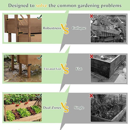 Raised Garden Bed Outdoor with Lattice Trellis, 47.2''H Wood Outdoor Flower Plant Stand with Two Planting Areas, Metal Reinforced, Liner, Elevated Garden Beds for Climbing Plants, Herb, Brown