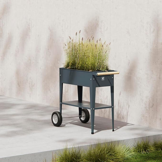 Herstera Metal 29.5" x 13.7' x 31.5" Raised Garden Bed- Wheels, Anthracite | Durable Galvanized Steel Rectangular Elevated Planter, Drainage Hole, Indoor, Outdoor, Garden, Patio, Porch, House, Gray