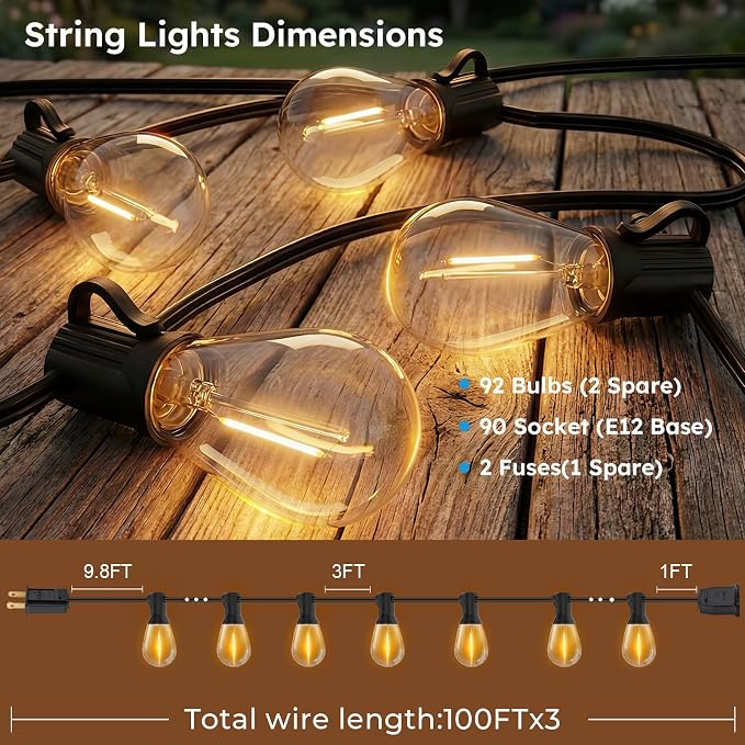 GvvooHome S11 LED Outdoor String Lights 300FT, Shatterproof & Waterproof Patio Lights with 92 Plastic Bulbs for Porch, Deck, Garden, Backyard, Balcony, 2700K Dimmable