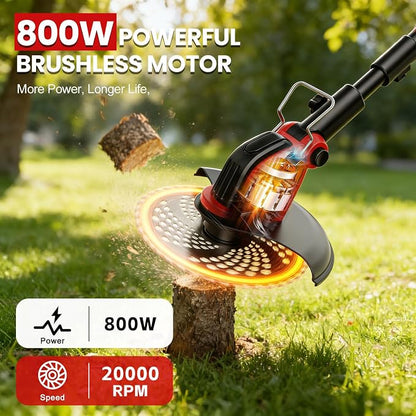 12-Inch Weed Wacker with Wheels, 2x3.0Ah 21V Battery Powered Weed Eater, Cordless Lawn Mower with 4 Types Blades, 20000RPM Electric Brush Cutter Grass Trimmer for Garden Yard