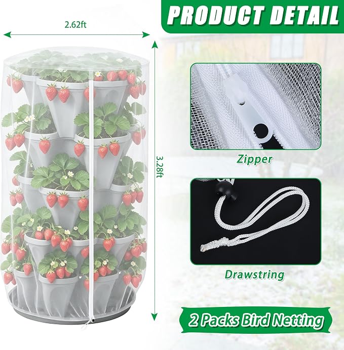 39.6x32.4 Garden Netting with Zipper for Tomato Strawberry Herb | 2pcs bird insect netting plant cover with zipper & drawstring, suitable for 5 tier stackable vertical plant pot