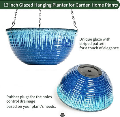 Vanslogreen 12 inch Hanging Planters for Indoor Outdoor Plants, 2 Pack Large Hanging Flower Pots with Drainage Holes and Chain, Glazed Hanging Baskets for Home Garden Decoration (Blue Flow Glaze)
