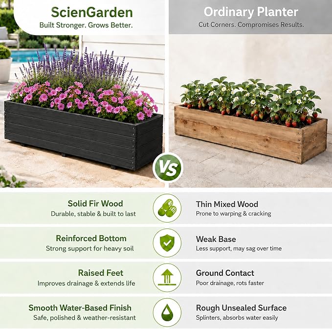 Fir Wood Raised Garden Bed Rectangular Planter for Outdoor Tomato Planter | For Herbs & Flowers Garden Includes Fabric Planter Liner, 4 Drainage Holes